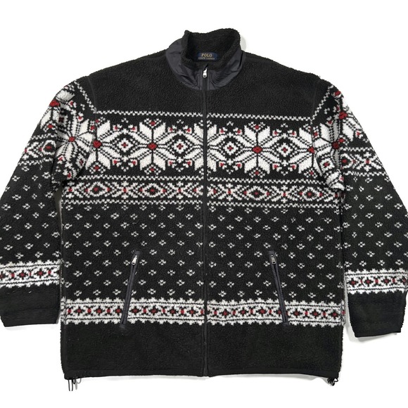 Polo Ralph Lauren Fair Isle Snowflake Fleece Jacket Men Big 1X Zip Sweater Black